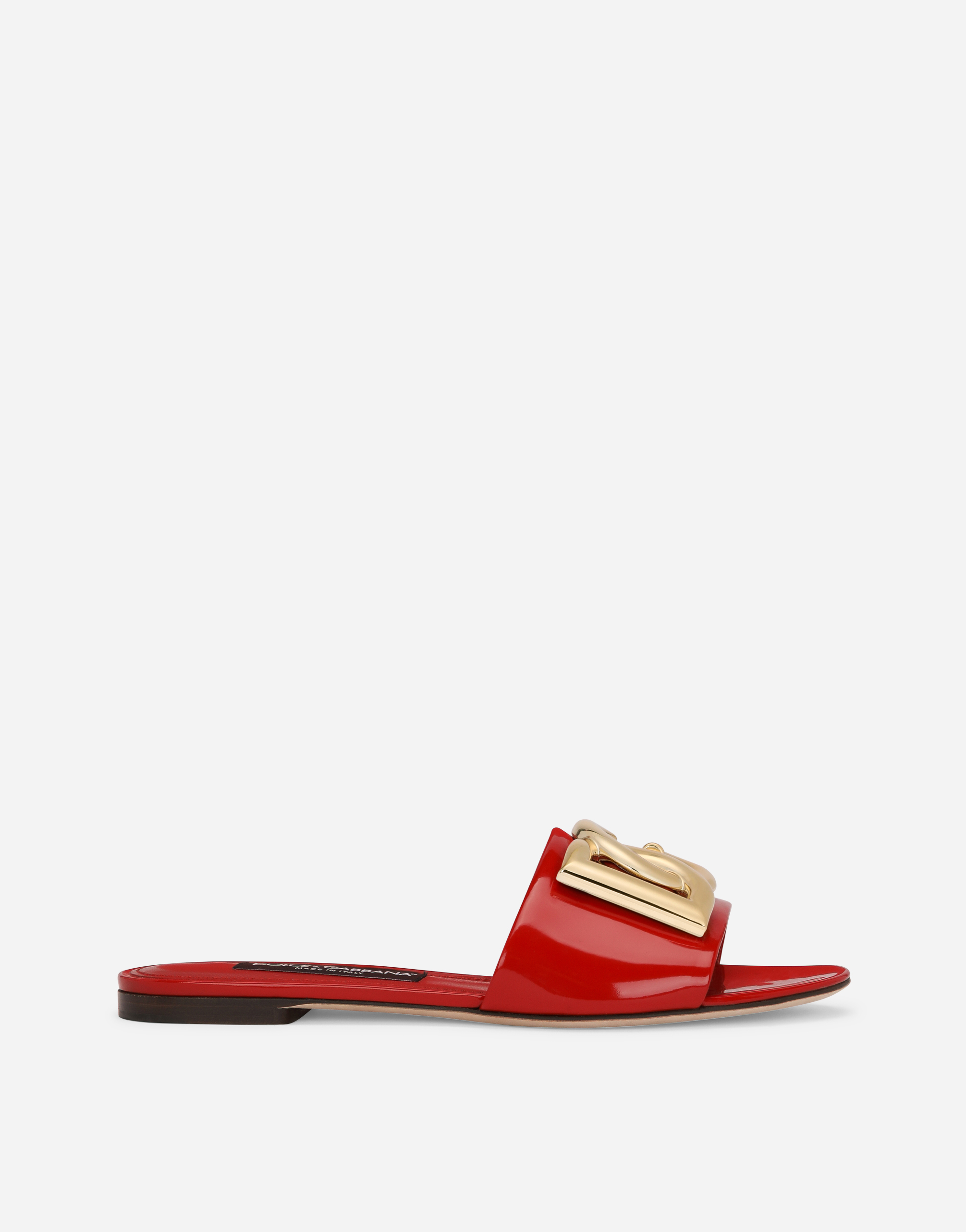 Shop Dolce & Gabbana Polished Calfskin Sliders With Dg Logo In Red